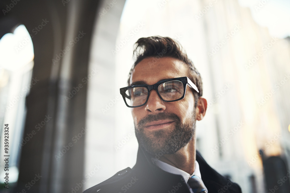 Fototapeta premium Thinking, business and man in city, pride and commute with fashion, solution and consultant. Person, decision and employee in street, glasses for clear vision and professional with corporate clothes
