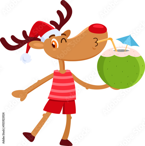 Cute Christmas Reindeer Cartoon Character Drinking Coconut Cocktail On The Beach. Vector Illustration Flat Design Isolated On Transparent Background