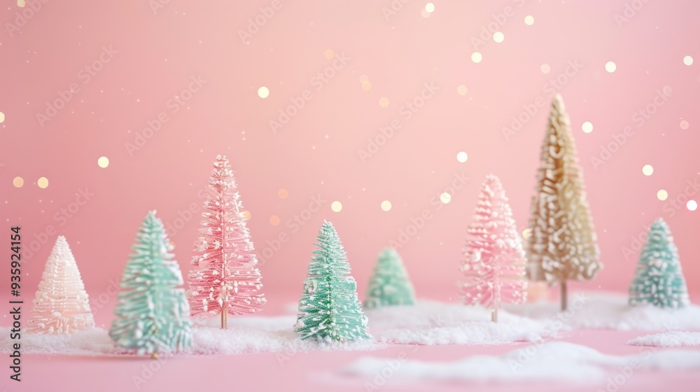 Pastel-colored Christmas trees sparkle softly against a pink backdrop, evoking a joyful and magical holiday spirit tinged with whimsy and delight. Pastel-colored Christmas trees sparkle softly against a pink backdrop, evoking a joyful and magical holiday spirit tinged with whimsy and delight.