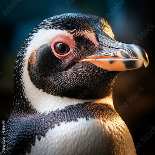 Ein hyperrealistisch aussehender Pinguin mit präzisen Details in seinem schwarz-weißen Gefieder, hellen und ausdrucksstarken Augen und einem scharfen Schnabel