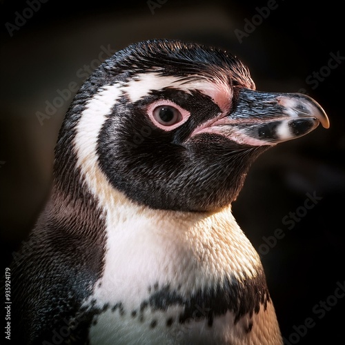 Ein hyperrealistisch aussehender Pinguin mit präzisen Details in seinem schwarz-weißen Gefieder, hellen und ausdrucksstarken Augen und einem scharfen Schnabel