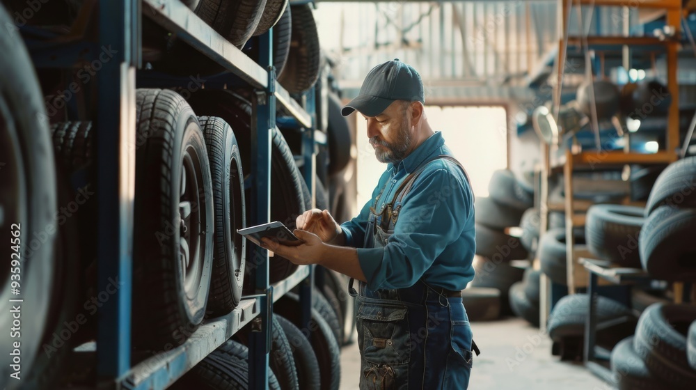 A mechanic in blue overalls and a cap checks a tablet while standing in a dimly lit, organized garage filled with neatly arranged tires. A mechanic in blue overalls and a cap checks a tablet while standing in a dimly lit, organized garage filled with neatly arranged tires.