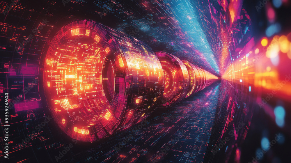 Obraz premium A vibrant tunnel of lights and futuristic design, depicting the concept of travel through space and time with a technological touch.