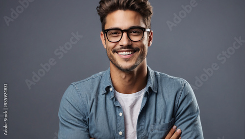 Portrait of happy fashionable handsome man in jeans shirt photo