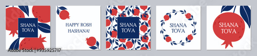 Jewish New Year card design set. Rosh Hashanah symbol pomegranate. Happy New Year. Vector illustration