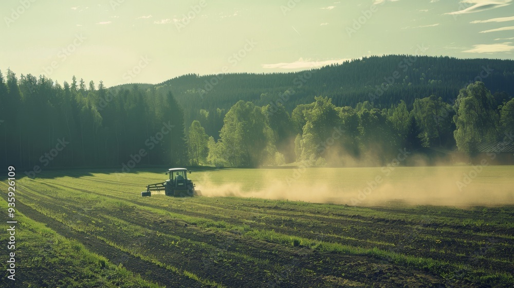Fototapeta premium A solitary tractor drives across a serene, dusty field bathed in soft morning light, signifying the hardworking, peaceful essence of rural life.