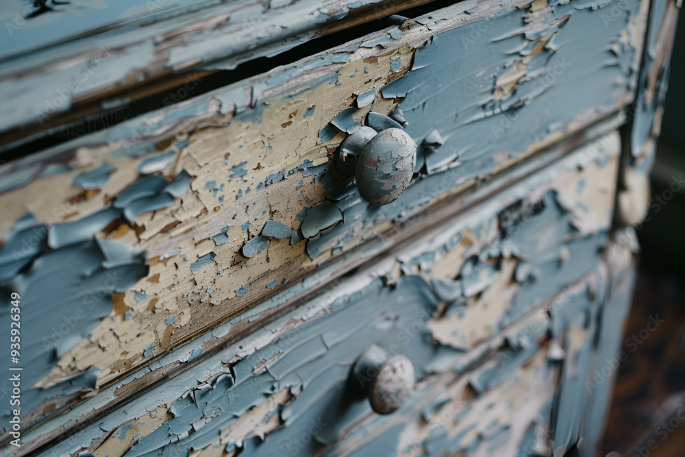 Close-up of weathered dresser with peeling paint
Close-up of weathered dresser with peeling paint
