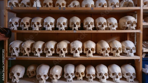 Dozens of skulls fill wooden shelves in a spacious room, hinting at a methodical collection and categorization of skeletal remains.