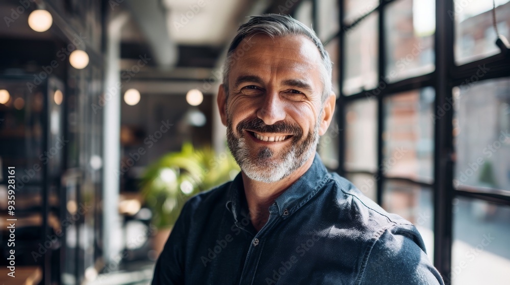 A gray-haired man beams happily in a sunlit modern office, radiating confidence and warmth, surrounded by industrial-chic decor. A gray-haired man beams happily in a sunlit modern office, radiating confidence and warmth, surrounded by industrial-chic decor.