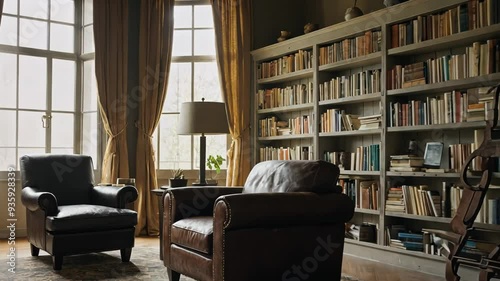 Video footage of cozy and well lit reading room with large windows draped with heavy curtains photo