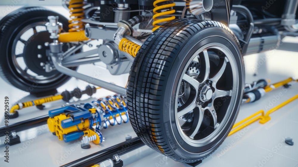 A detailed view of an automotive suspension system, highlighting the intricate connections and precision components with bright yellows and shiny metals. A detailed view of an automotive suspension system, highlighting the intricate connections and precision components with bright yellows and shiny metals.
