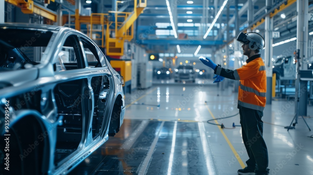 Fototapeta premium A factory worker dressed in orange safety gear directs an assembly process on a modern automotive production line with precision and coordination.
