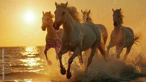 A herd of white horses gallops on the water. Beautiful horses. sunset, dawn. highlights, painting