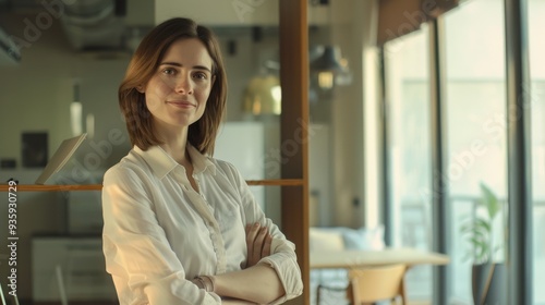 A confident woman stands in a modern office with arms crossed, natural light flooding the space, embodying professionalism and poise in a contemporary work environment.