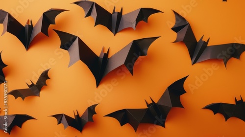 An artistic arrangement of black paper bats over an orange background, invoking a playful yet eerie Halloween atmosphere with a pop of color contrast. photo