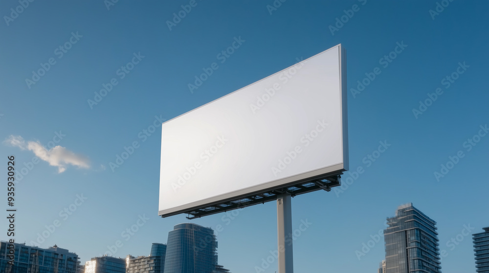 Blank white billboard mockup against a bustling cityscape with skyscrapers and busy streets in the background Blank white billboard mockup against a bustling cityscape with skyscrapers and busy streets in the background