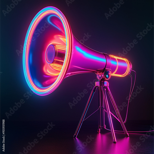 A large speaker with colorful neon lights shining around it. The speaker is placed on a tripod on a smooth surface that reflects neon light, creating a dimensional and interesting image. photo