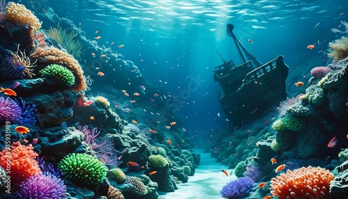 Underwater scene wallpaper with a large, sunken flotsam in the background photo