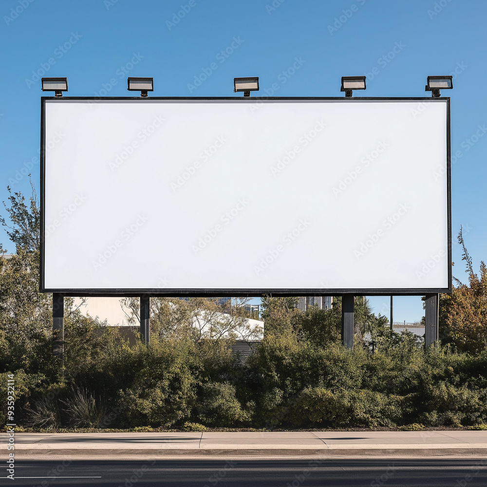 This picture shows large billboard located outdoors on the roadside This billboard is a large rectangular shape. There is a black frame around it. and has clean, white advertising space This picture shows large billboard located outdoors on the roadside This billboard is a large rectangular shape. There is a black frame around it. and has clean, white advertising space
