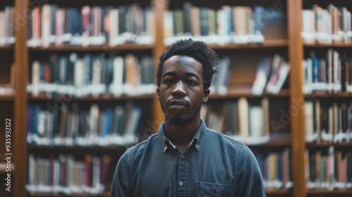 A solemn portrait of a young man standing in a library, surrounded by an extensive collection of books, evoking a mood of contemplation and wisdom.