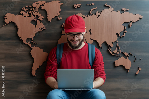 A young, casually dressed man smiles as he works with a laptop in front of a wooden world map, global connectivity and the digital nomad lifestyle. Remote work, travel and modern technology. photo