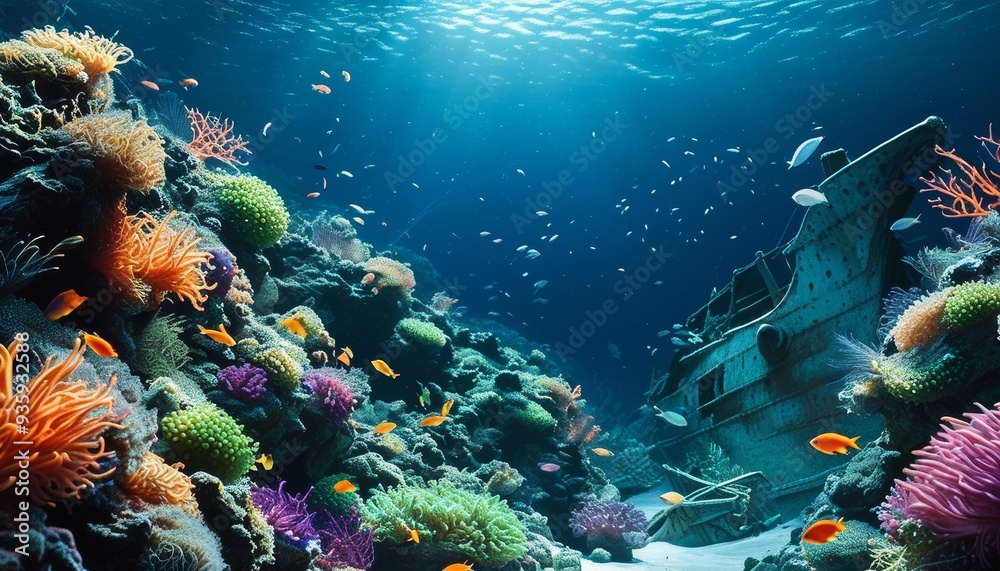 Fototapeta premium Underwater scene wallpaper with a large, sunken flotsam in the background