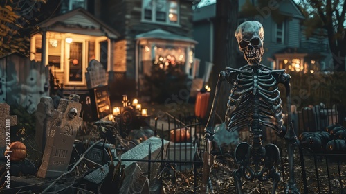 Skeleton yard with haunted ambiance and gravestones for Halloween decor