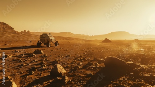 A futuristic rover solemnly explores the rugged, dusty terrain of Mars under a golden sky. photo