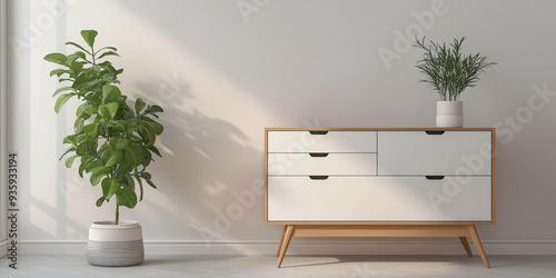 Beautiful, wooden modern white chest of drawers with indoor plants on a white background. The interior is designed in a minimalist style. Advertising banner.