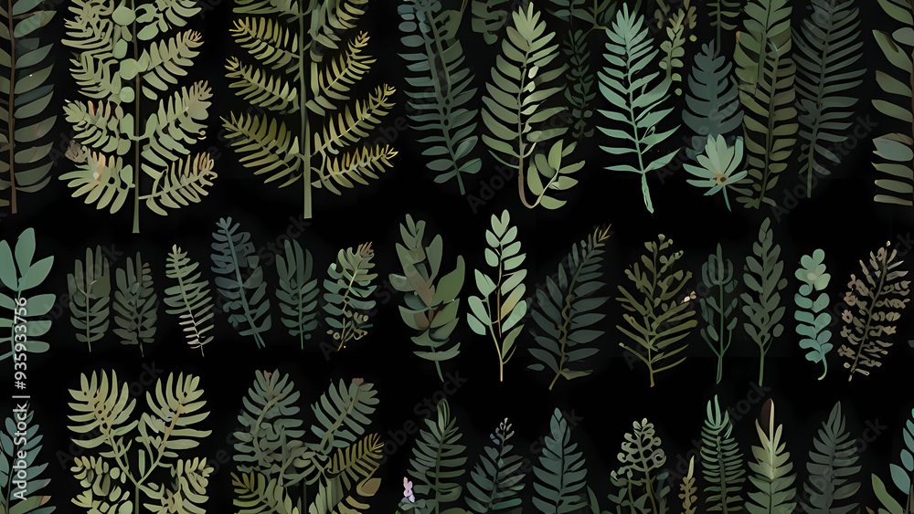 minimalist flat vector background that showcases a variety of botanical elements like ferns, palm leaves, and succulents minimalist flat vector background that showcases a variety of botanical elements like ferns, palm leaves, and succulents