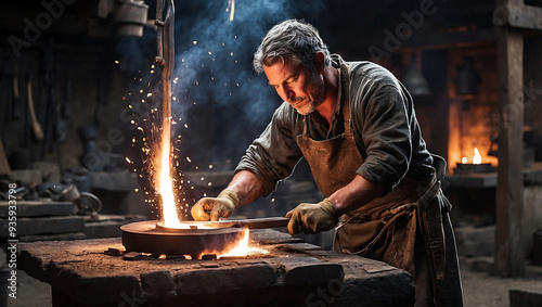 White male blacksmith forging a sword in a traditional workshop photo