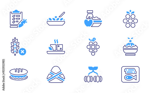 Nutrition icon set. Bold line style. Duotone colors. Editable stroke. salad, ham, cocoa, nutrition, mangosteen, sapodilla, breakfast, blackberry