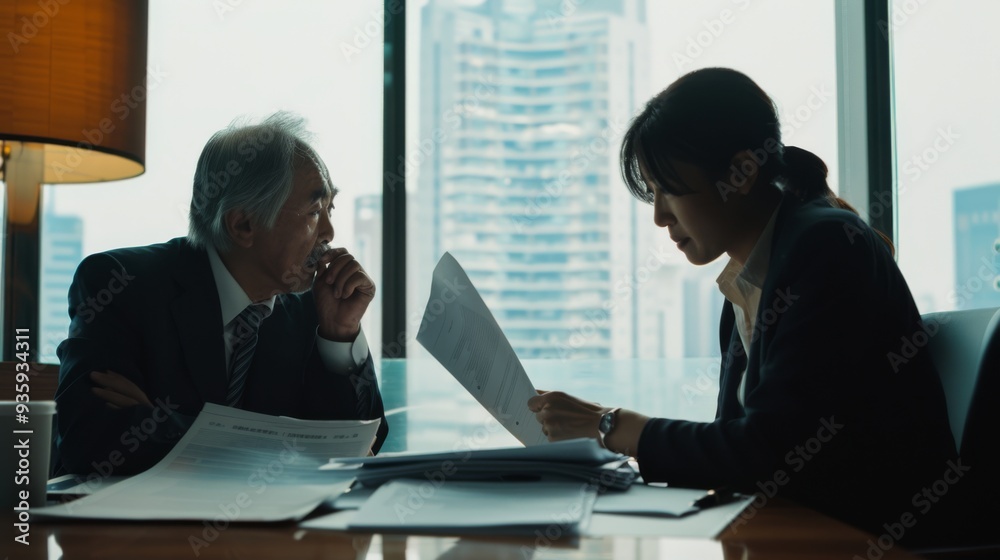 A pair of professionals in a high-rise office, engaged in a serious discussion over documents with a cityscape view behind them. A pair of professionals in a high-rise office, engaged in a serious discussion over documents with a cityscape view behind them.