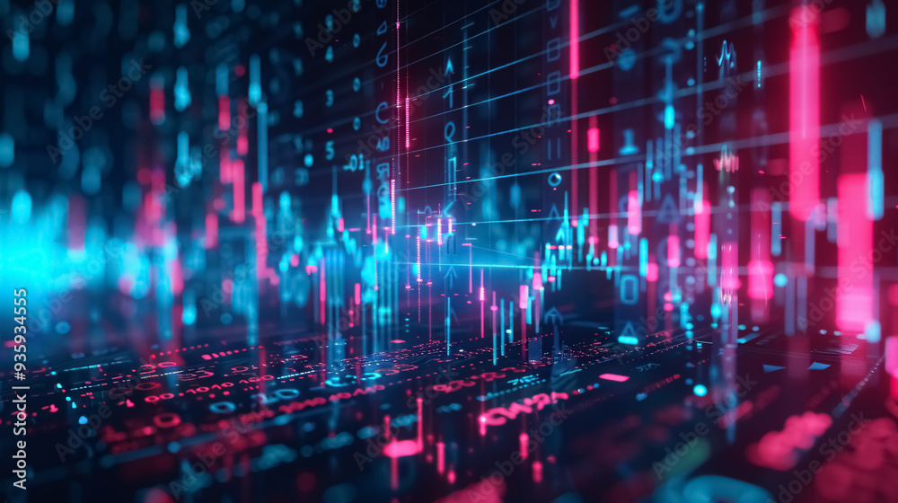 Digital display of an options chart and stock market glowing on a dark background Digital display of an options chart and stock market glowing on a dark background