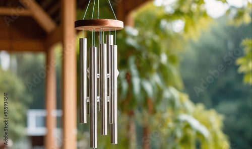 A silver wind chime hangs from a wooden porch with green trees in the background
