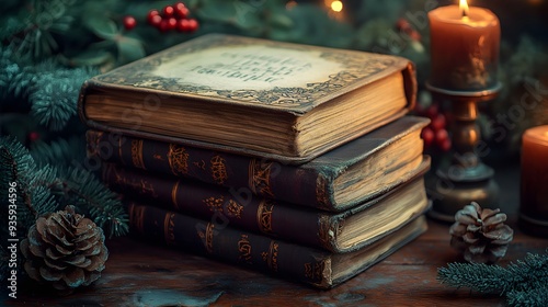 ancient magic christmas books with cryptic writings for a background photo