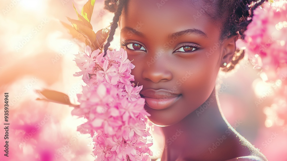 A radiant African girl with braided hair holds pink flowers, smiling warmly in a pastel backdrop. A radiant African girl with braided hair holds pink flowers, smiling warmly in a pastel backdrop.