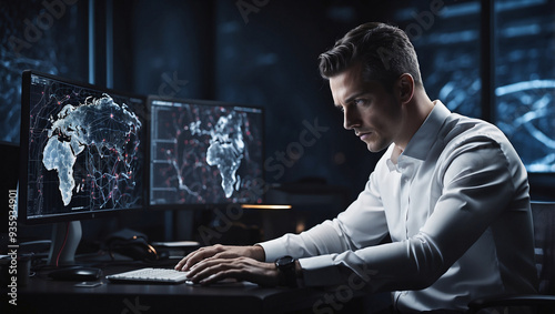 White male cyber security expert analyzing AI-generated data photo