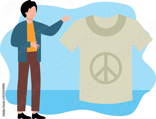 Boy looking at peace sign on t-shirt.