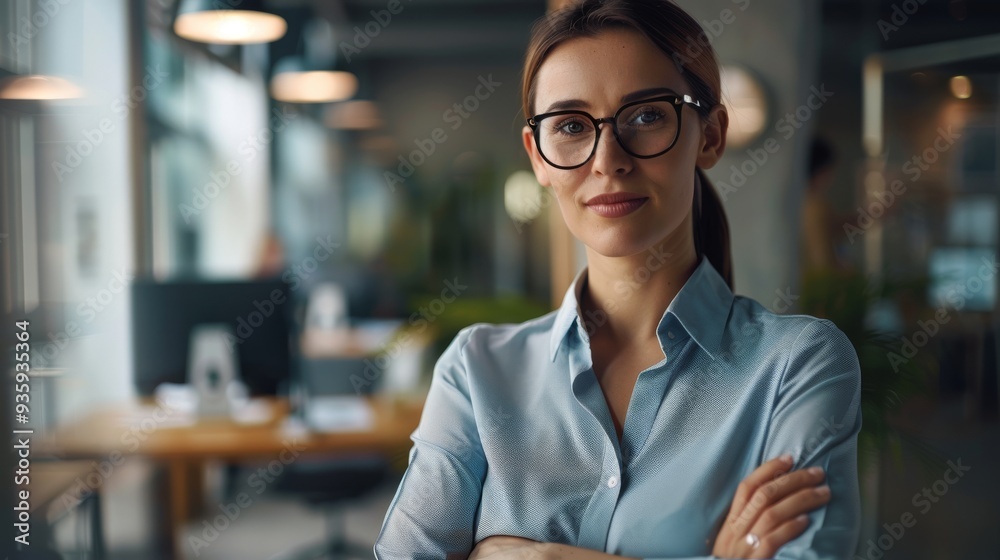 A confident businesswoman with glasses stands in a modern office, looking composed and professional, with arms crossed displaying strength and readiness. A confident businesswoman with glasses stands in a modern office, looking composed and professional, with arms crossed displaying strength and readiness.