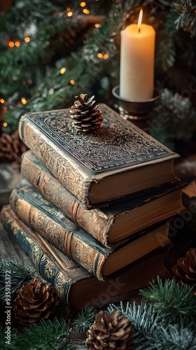 ancient magic christmas books with cryptic writings for a background photo