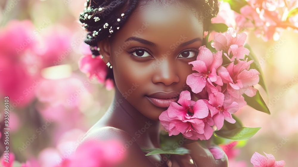 A radiant African girl smiles with a pink flower bouquet against a soft, dreamy background. A radiant African girl smiles with a pink flower bouquet against a soft, dreamy background.