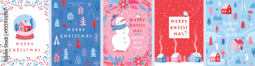 Christmas card set - hand drawn cute flyers. Postcards with lettering and Christmas graphic elements. Vector illustration.