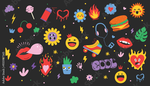 Funny doodle icons. Roller skates, headphones, hearts, fire, waves, vibe. Set of groovy abstract stickers. Nostalgia vector shapes