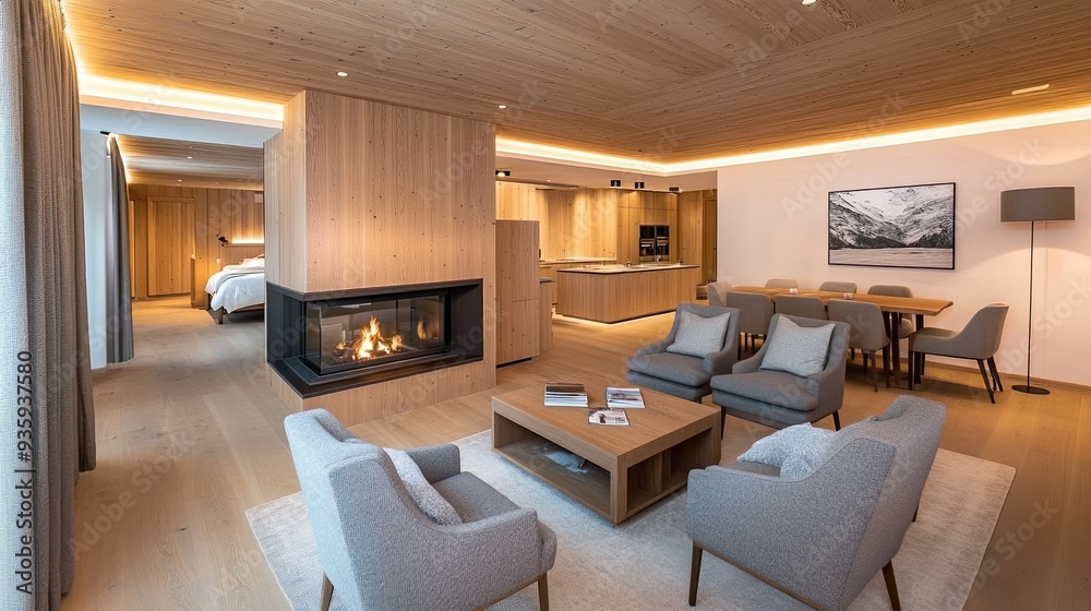 A warm and inviting living room features a fireplace surrounded by armchairs and a rustic wooden table, illuminated by soft lighting for a serene atmosphere