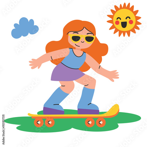Girl rides a skateboard. Trendy style. Vector illustration in flat cartoon style.