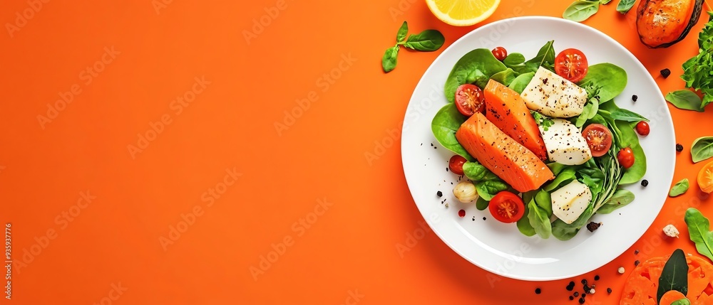Colorful salad featuring fresh vegetables, feta cheese, and salmon on an orange background, perfect for healthy eating themes. eating healthy concept. Colorful salad featuring fresh vegetables, feta cheese, and salmon on an orange background, perfect for healthy eating themes. eating healthy concept.