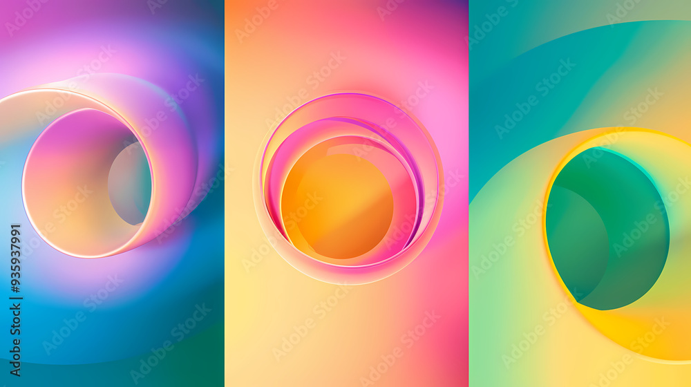 Obraz premium SET Modern poster design with gradient round sphere in the center. Colorful banner design with 3d gradient background