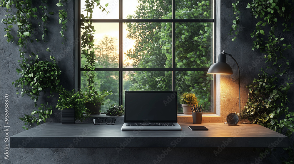 A sleek, modern workspace setup with a minimalist desk, high-tech gadgets, and natural light pouring in from a large window. A sleek, modern workspace setup with a minimalist desk, high-tech gadgets, and natural light pouring in from a large window.