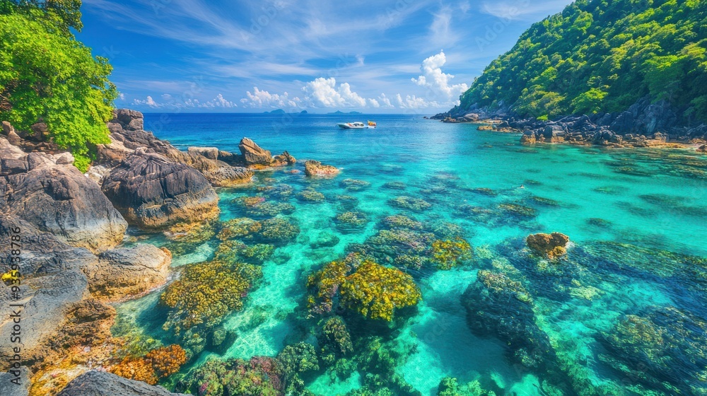Tranquil Tropical Paradise: Crystal Clear Waters and Lush Foliage Tranquil Tropical Paradise: Crystal Clear Waters and Lush Foliage